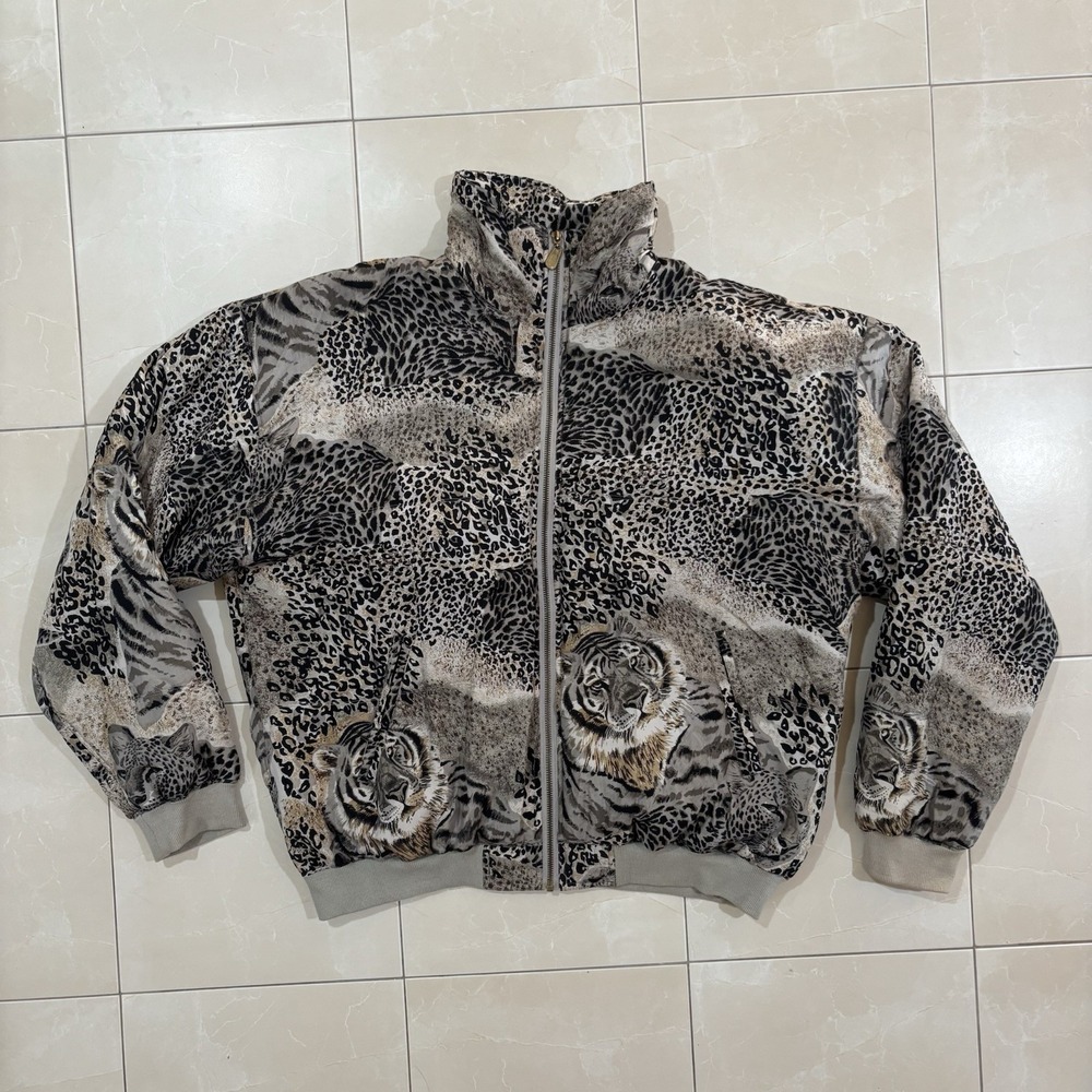 Vintage 90s Silk Puffer Jacket Leopard Print AOP Safari Lion Men's M Y2K Animal